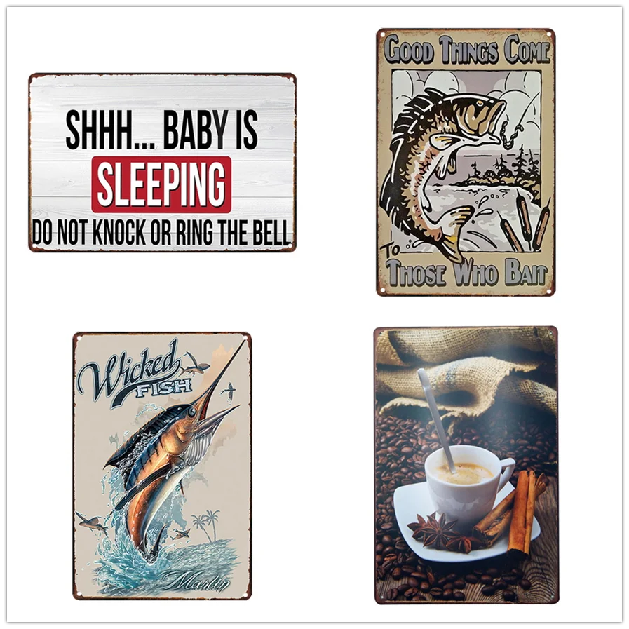Chic Fish Bait Tin Plate Fishing Metal Signs Retro Wild Nature Style Wall Poster For Family Bar Pub Club Vintage Home Decor | Дом и сад
