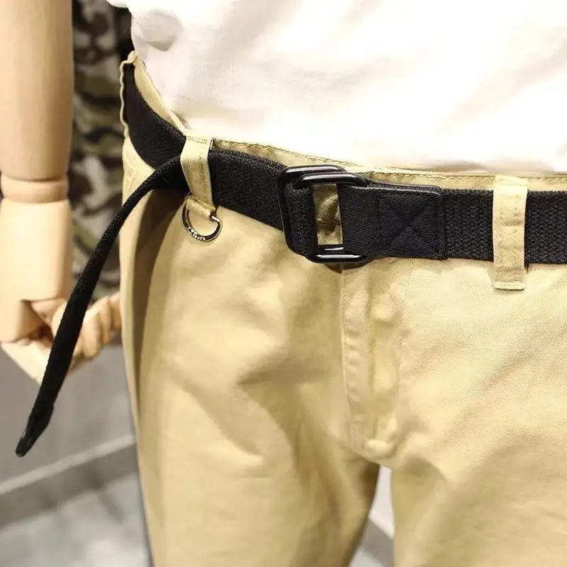 

Men's Brand Unisex Design Quality Double Loop Buckle Weaving Canvas Belt Women's NO Holes Waistband Retro Jeans Belts Men Women