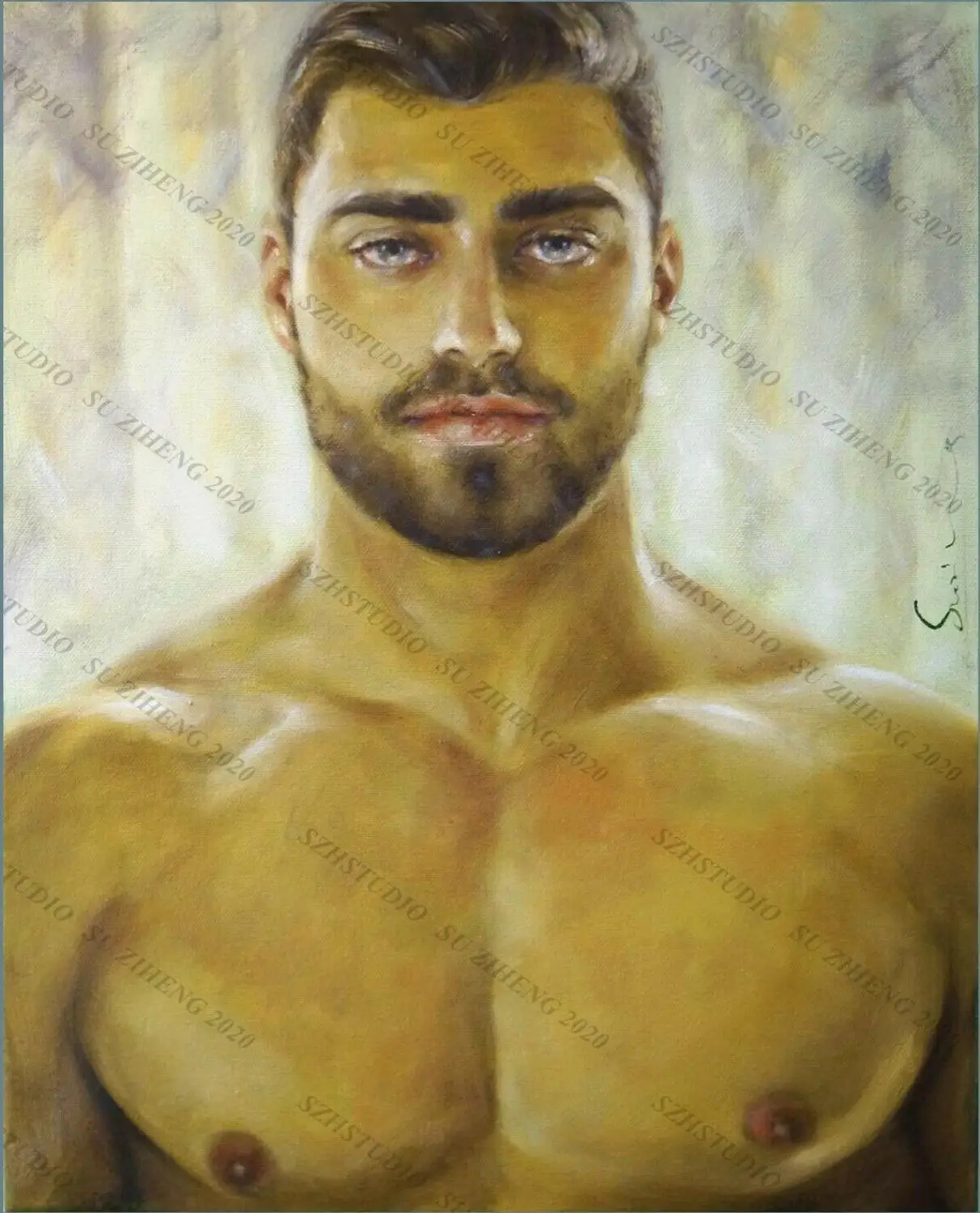 

100%Handmade Original Oil Painting Young beard Man Portrait