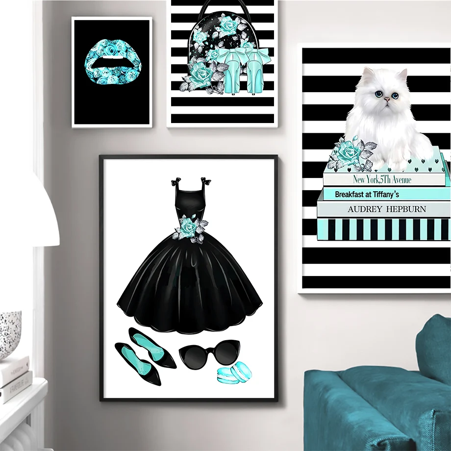 

Blue Flower Lips Cat High Heels Bag Dress Wall Art Canvas Painting Nordic Posters And Prints Wall Pictures For Living Room Decor