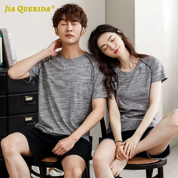 

Soft New Short Sleeve Short Pants Sleepwear Fashion Style Casual Style Pyjamas Man and Woman Couple Crew Neck Loungewear Solid