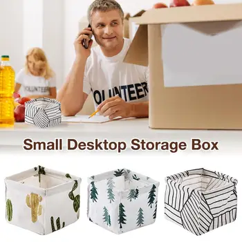

Foldable Sundries Storage Basket Cute Printing Cosmetics Container Multifunction Cotton Linen Storage Basket Desktop Organizer