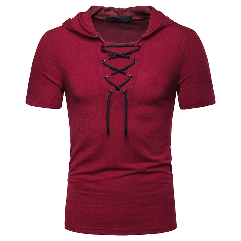 

2019 New fashion Men Hooded Europe Size Loose Lace Tie Short Sleeve Mens T-shirt