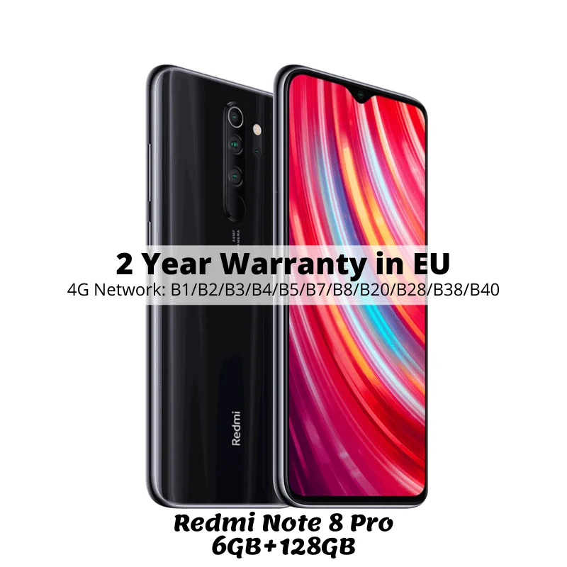 Redmi Note 8 Pro Xiaomi Глобальная версия 6 ГБ 64 ГБ / 128 ГБ Смартфон G90T Octa Core 6,53 ”64-мегапиксельная 4500 мАч NFC Мобильный телефон Android - Цвет: Mineral Grey 128GB