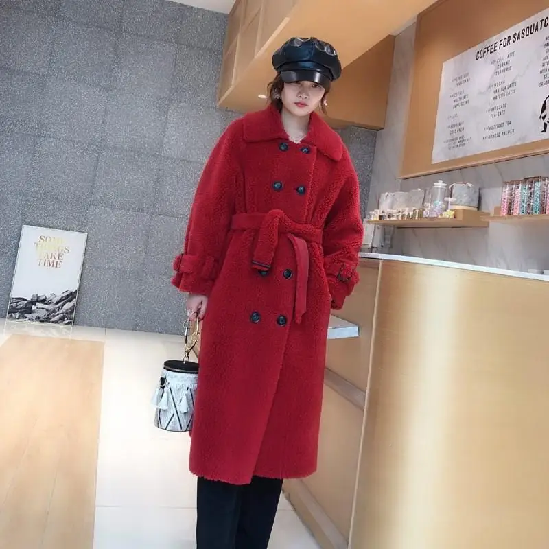 Red Зимнее теплое длинное шерстяное пальто из искусственного меха с длинным рукавом, теплое Женское шерстяное пальто, однотонное повседневное Свободное пальто больших размеров - Цвет: Red