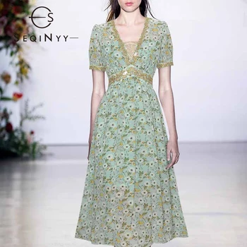 

SEQINYY Chiffon Dress 2020 Summer Spring New Fashion Design Women V-neck Golden Lace Sequined Flowers Print Midi Dress