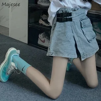 

Skirts Women Blue Denim Short Mini Skirt Pockets Vintage Fashion New Summer High Waist A-Line Womens Cool Girls Chic 2020 Casual