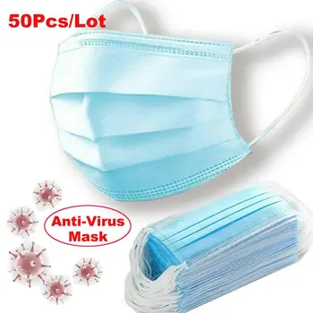 

50PCS DHL Disposable Face Mouth Mask 3 Layers Protective Facial Masks with Melt Blown Non-Woven Elastic Earloop