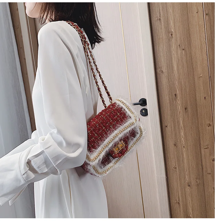 2019 Winter Top Brand Luxury Design Handbag Purse for Women Classic Tweed Flap Shoulder Bag Ladies Wool Plaid Mini Crossbody Bag (9)