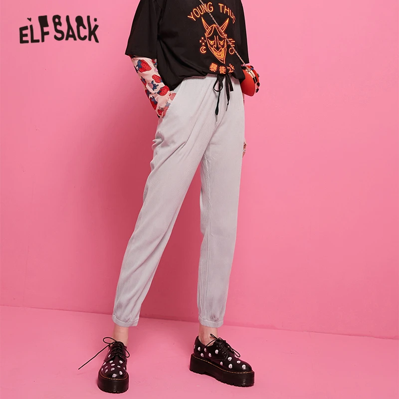 ELFSACK Drawstring Waist Solid Casual Women Knitted Pants 2019 Autumn Female Sweatpants Straight Sports Wear Trousers | Женская одежда