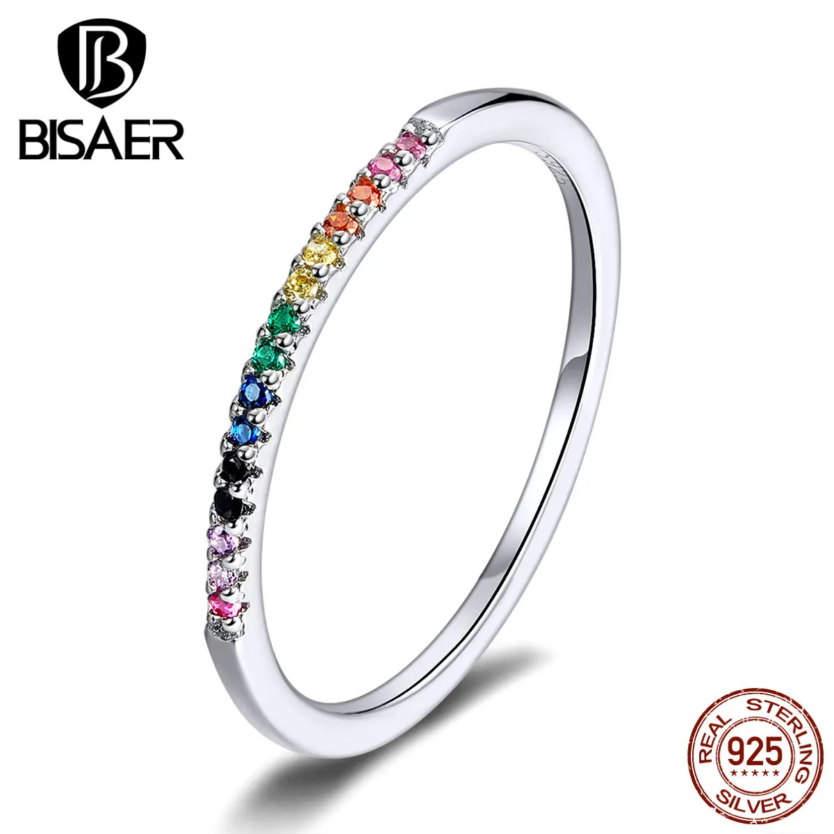 Красочное циркониевое кольцо BISAER, распродажа, 925 пробы, серебряное Радужное циркониевое кольцо для женщин, свадебное, Анель, ювелирное изделие ECR583
