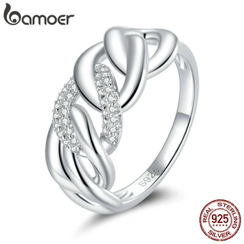 

bamoer S925 Sterling Silver Clear platinum CZ Chain Ring Finger Rings for Women Engagement Wedding Statement Jewelry GXR685