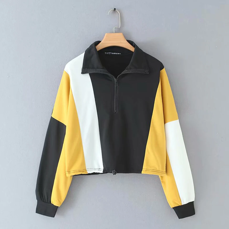 

Women Early autumn Fashion Pullovers Sweatshirts Hoodies Long Sleeve Patchwork Turn-down Collar Top Female Street Sweatshirts
