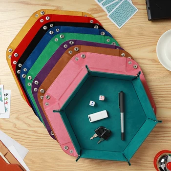 

9 Colors PU Leather Folding Hexagon Dice Tray Key Wallet Coin Box Office Desktop Storage Box Club Dice Storage 23x23cm