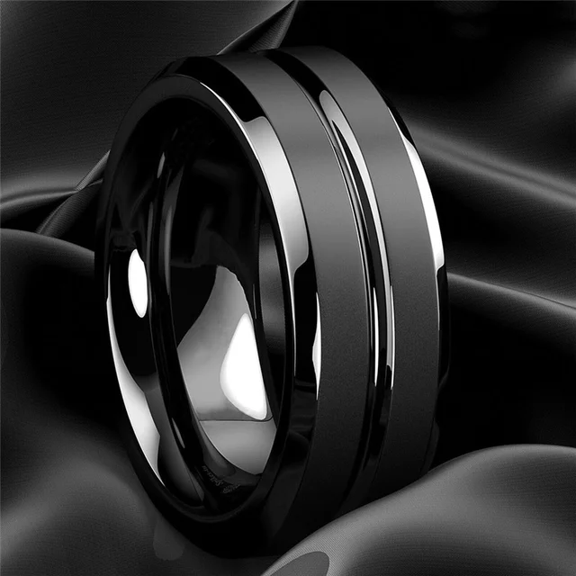 8mm Men Rings Jewelry Black Groove Matte Stainless Steel Wedding Engagement Party Gift Anniversary Rings Jewelry Black
