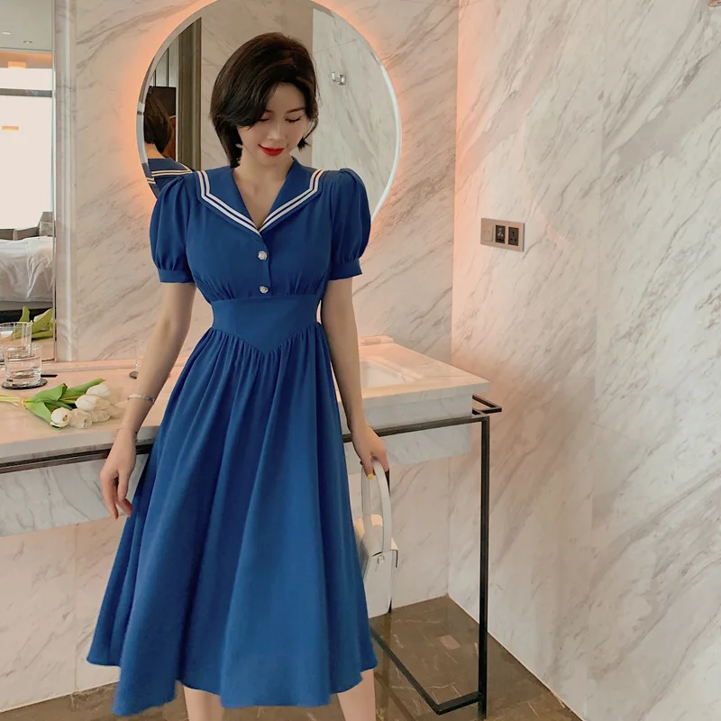 

2020 Summer Vintage Classy Dress Blue Peter Pan Collar Short Sleeve Elegant A Line Dress for Women Sexy Party Office Dresses