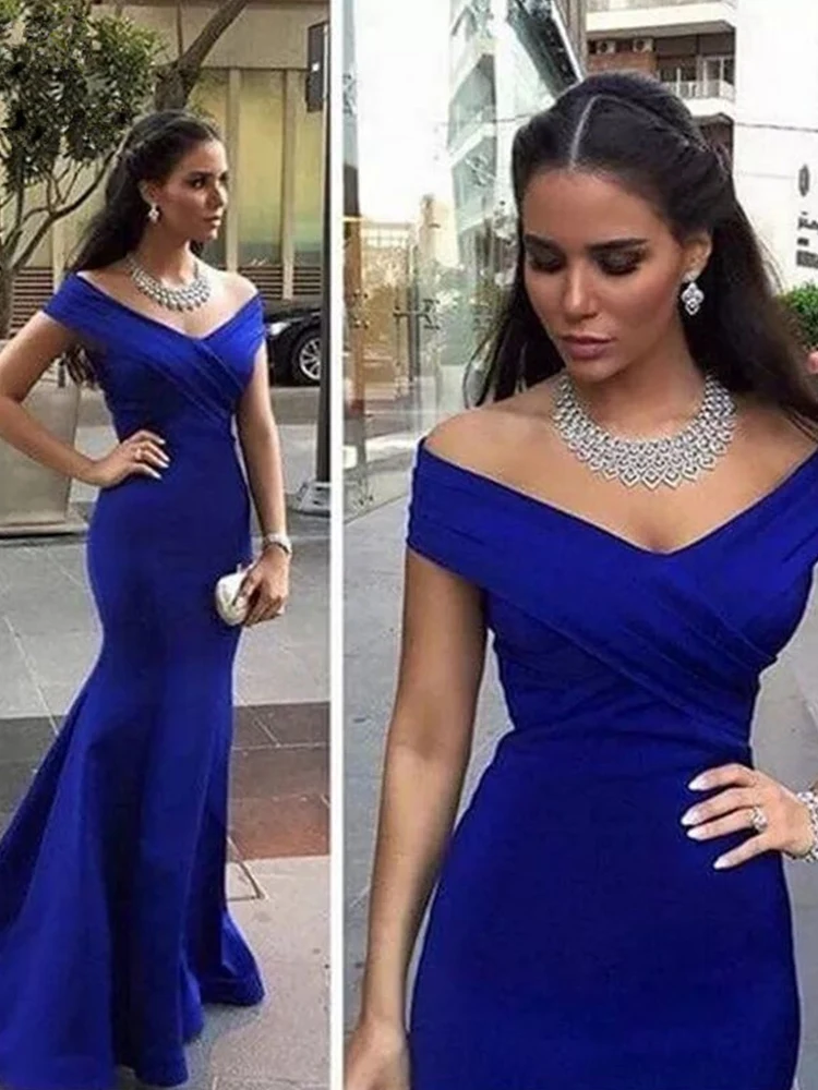 Simple Fashion Ladies Blue Boat Neck Mermaid High Quality Evening Dresses  Vestidos De Noche Full Length Wedding Robe De Soiree - Evening Dresses -  AliExpress