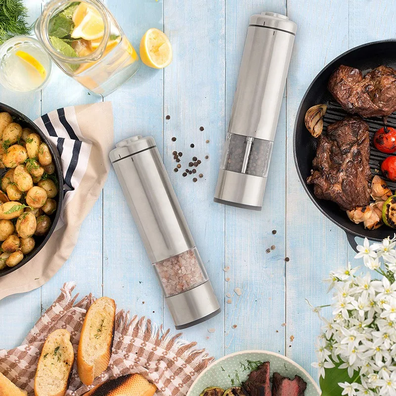  Electric Salt and Pepper Grinder Set - Battery Operated Stainless Steel Refillable and Adjustable C