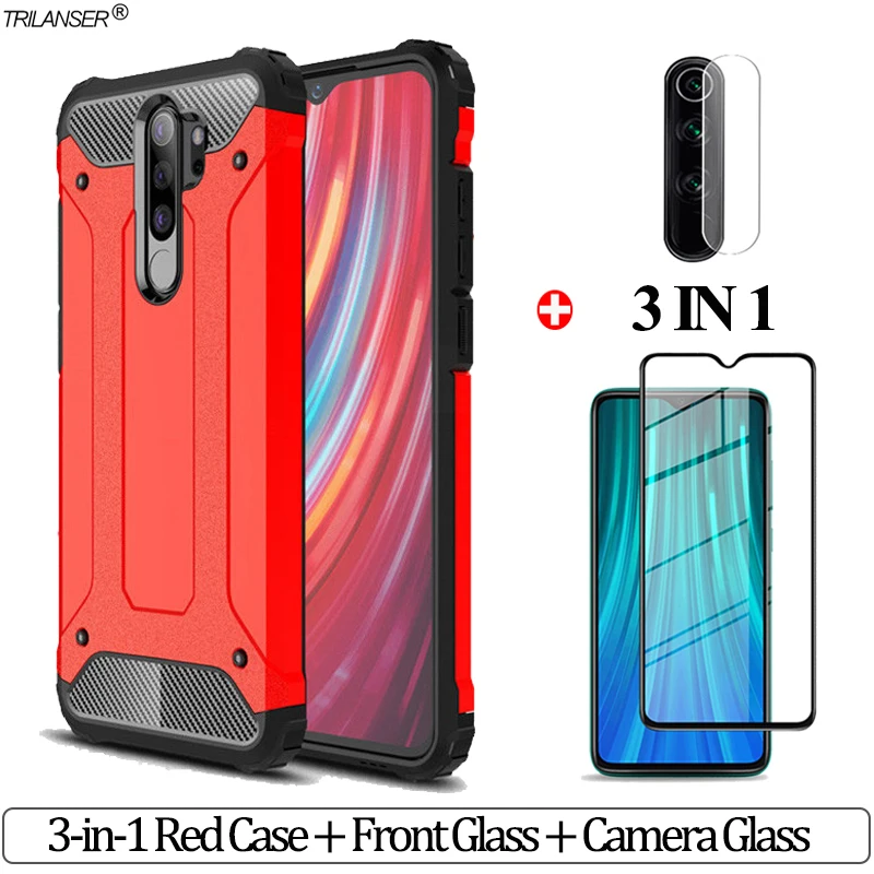 3-в-1 Чехол-Броня стекло чехол для redmi note 8t nfc чехол на редми-нот-8t анти-противоударный бампер чехол redmi 8a xiomi redmi 8 a чехлы redmi note 8pro note8t чехол ксиоми редми нот 8про редми 8а 8 а чехол нот 8 t - Цвет: 3-in-1 Red Case