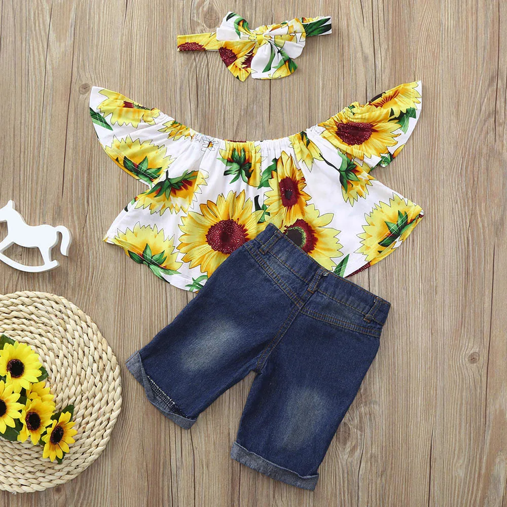 

3Pcs Baby Kids Girls Off shoulder Crop Tops+Denim Shorts Jean+Headband Clothes Baby Girl Dress Kids Clothes Roupas De Bebe
