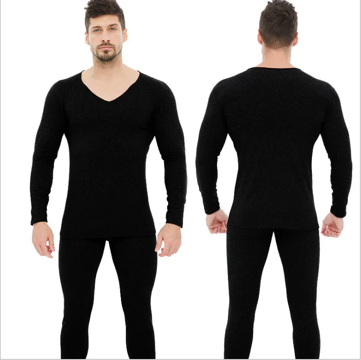 Black Winter long johns thermal underwear set for men warm thermo lingerie men's compression underwear warm underpants undershirt - Цвет: Black