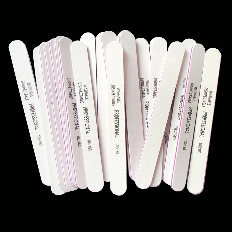 50pcs Professional Nail Files 100 180 Sandpaper White Straight Type Nail Buffer Block Emery Board Washable Manicure Nail Tools