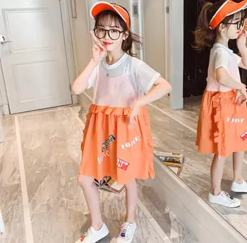 

2020 summer new letter print dress teenage short sleeve Fake two pieces dress girls ruffles dress kids wholesale 6-14Y ws1687