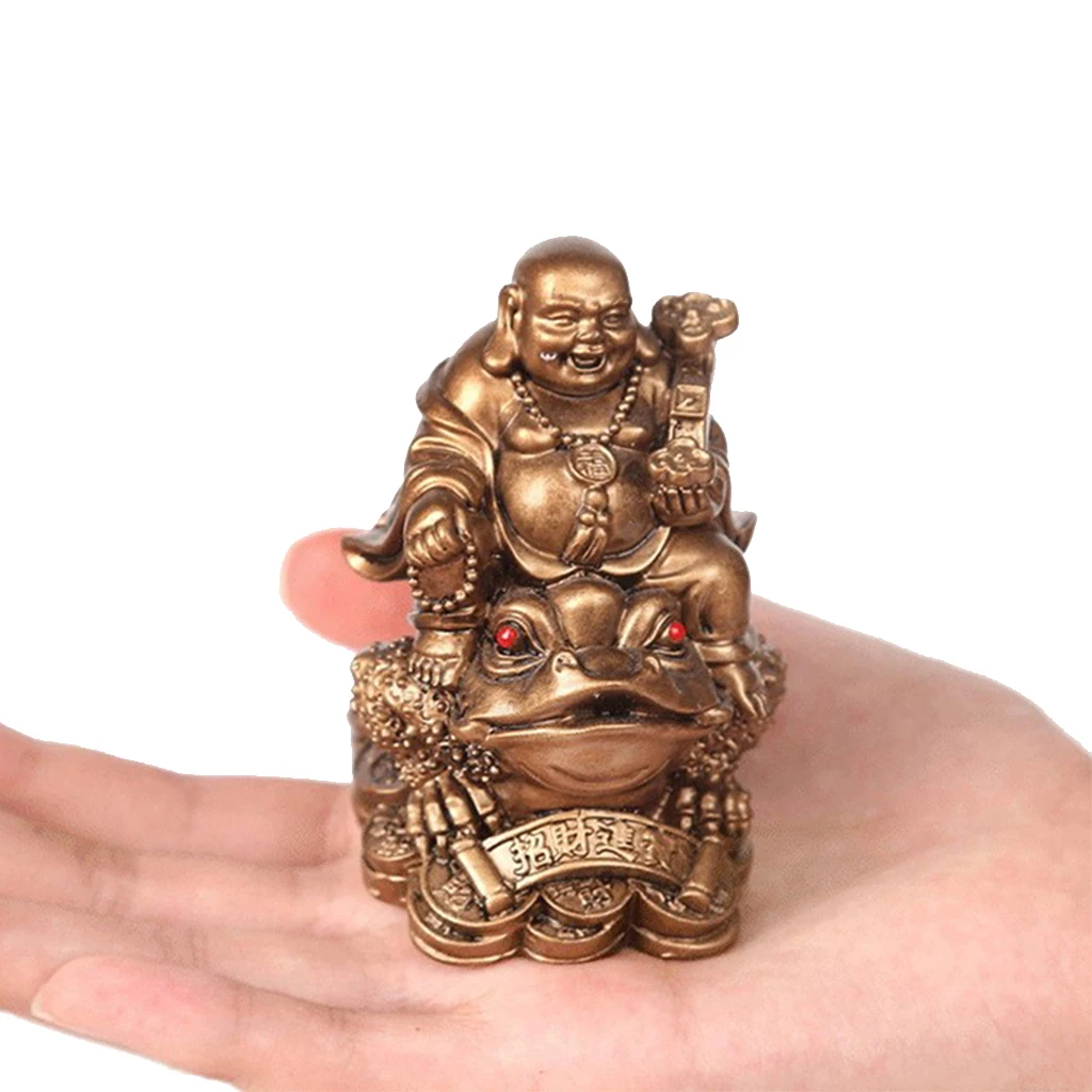 Ornament Crafts LUCKY Feng Shui Maitreya Buddha Statue Toad Figurine Money Fortune Wealth Chinese Golden Frog Home Office Tabletop Decoration