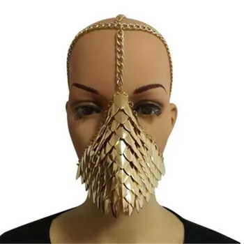 

Punk Metal Mask Head Chain Face Mouth Masks Unique Jewelry Woman Cosplay Halloween Party Másca Fashionable Gold Black Sequin