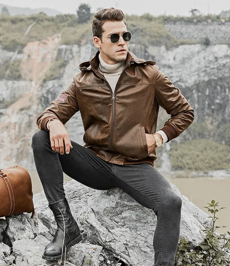 Брендовые новые мужские Куртки из натуральной кожи с капюшоном из свиной кожи, мотоциклетная шапка на молнии, съемный рукав на резинке, мужские короткие пальто больших размеров 5XL