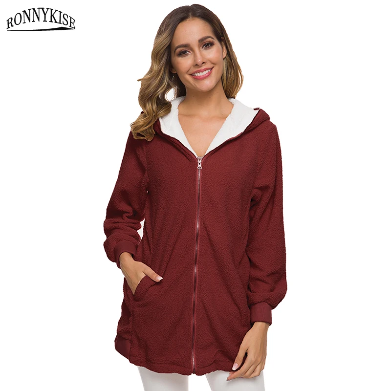 Wine Red RONNYKISE осень и зима ягненка кашемировые худи Женская мода с длинным рукавом с капюшоном пальто женские толстовки - Цвет: Wine Red