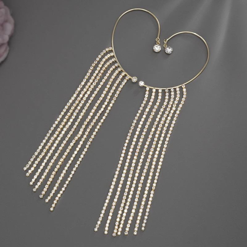 20Style Luxury Shiny Crystal Rhinestone Long Tassel Ear Cuff No Pierced Ear Clip Earrings Women Wedding Korean Trend Jewelry ear clip earrings clip earrings ear clip