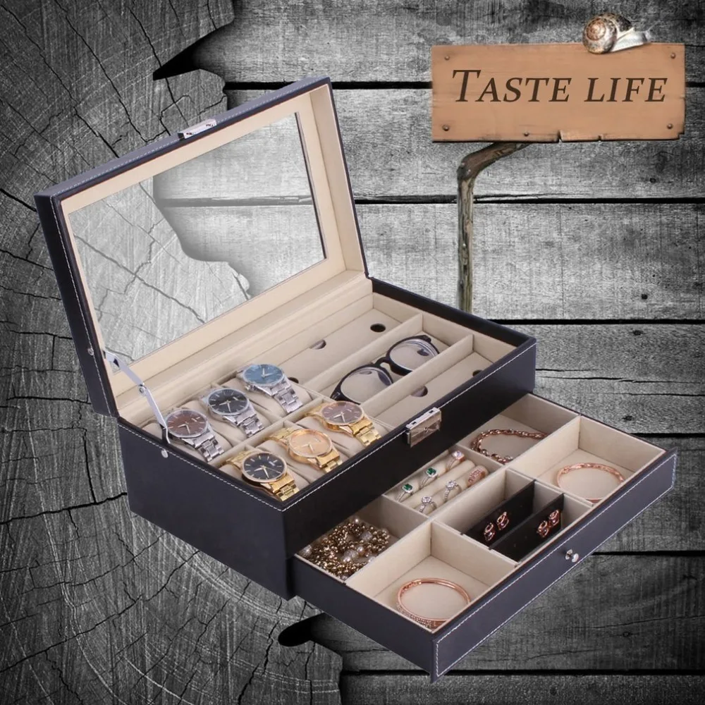 Multifunctional Double Layers Wooden Jewelry Watch Storage Box Sunglasses Watch Display Slot Case Box Container