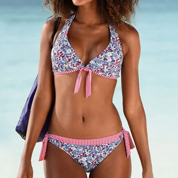 

Flowers Stripe Print Sexy Bikinis Set Female Swimwear Push Up Swimsuit Striped Swim Bathing Suit Women Beachwear Bathsuit 2020