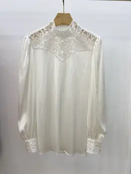 

2020 new ladies fashion long-sleeved sexy vintage embroidery cutout silk shirt 0522