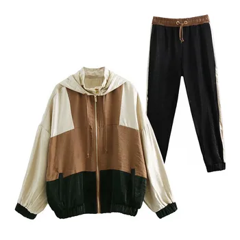 

Zipper Patchwork Tracksuit Set Women Casual Hooded And Pants sportwear Female Suit Long Sleeves Hoodies Sweatshirts 2 Two Pieces