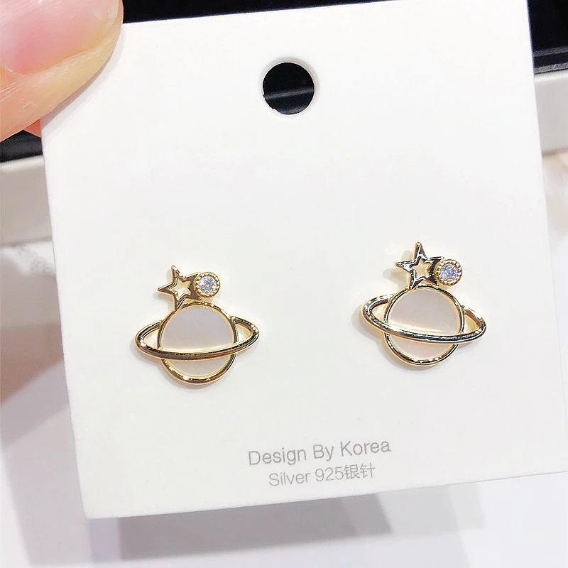 

Delicate Mini Zircon Stone Natural Shell Saturn Star Stud Earrings for Women Gold Color Jewelry