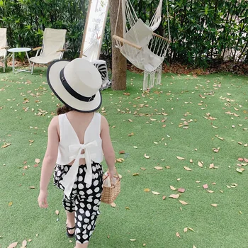 

Summer girls clothing set tops + pants fashion girls clothes set white backless bow tops +dot pants