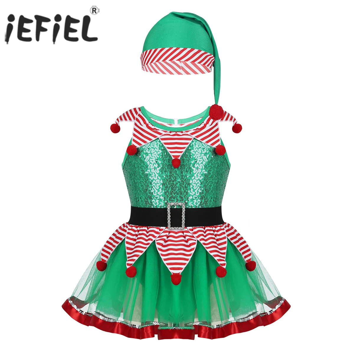 Iefiel для детей Штаны для девочек с рождественским изображением Феи дух, Одежда для танцев, тренировочная одежда для занятий гимнастикой Бальные вечерние карнавальных костюмов Полосатое платье-пачка с головной убор