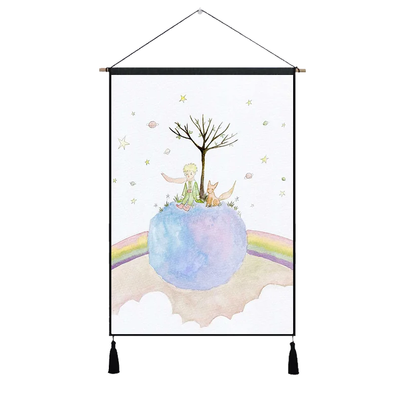 Синий Роза лиса друг маленький Le Petit Prince мультфильм ткань хлопок линия живопись плакат домашняя декоративная настенная вешалка гобелен подарок - Цвет: Синий