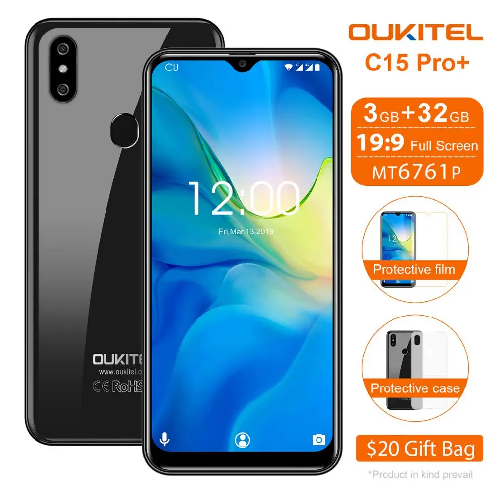 Мобильный телефон OUKITEL C15 Pro + Android 9,0, 3 ГБ, 32 ГБ, MT6761, отпечаток пальца, распознавание лица, 4G, LTE, смартфон, 2,4G/5G, WiFi, экран капли воды