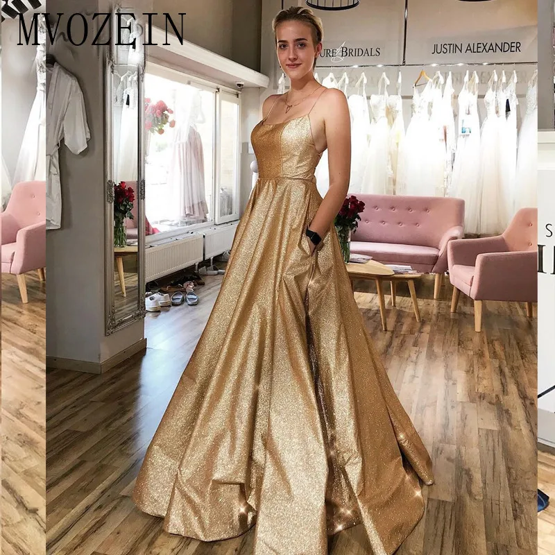 

2020 New Shining Gold Evening Dresses Long A-Line Spaghetti Strap Floor Length Formal Gowns Evening Dress Vestido de festa Longo