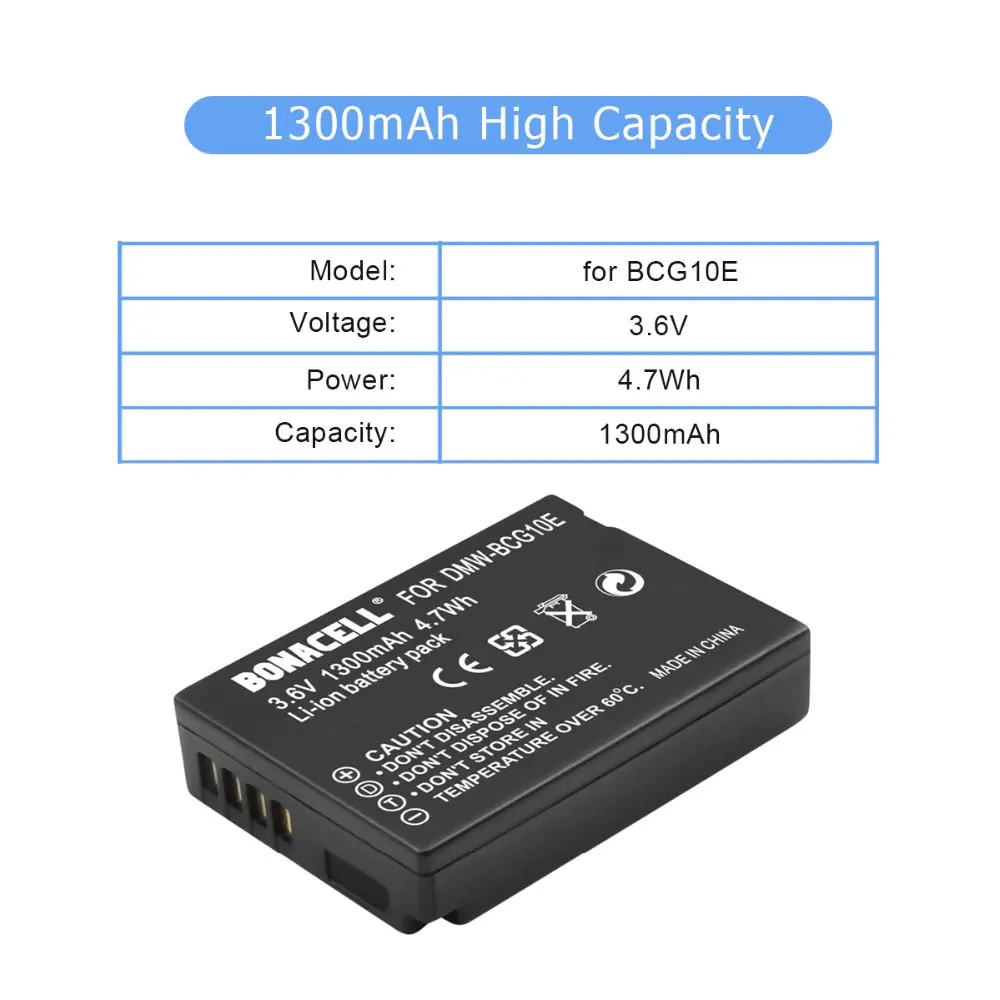 Bonacell 1.3Ah BCG10E Перезаряжаемые Батарея для DMW-BCG10 ДМВ BCG10 для цифрового фотоаппарата Panasonic DMC-3D1DMC-TZ7 DMC-TZ8 DMC-TZ10 DMC-TZ18