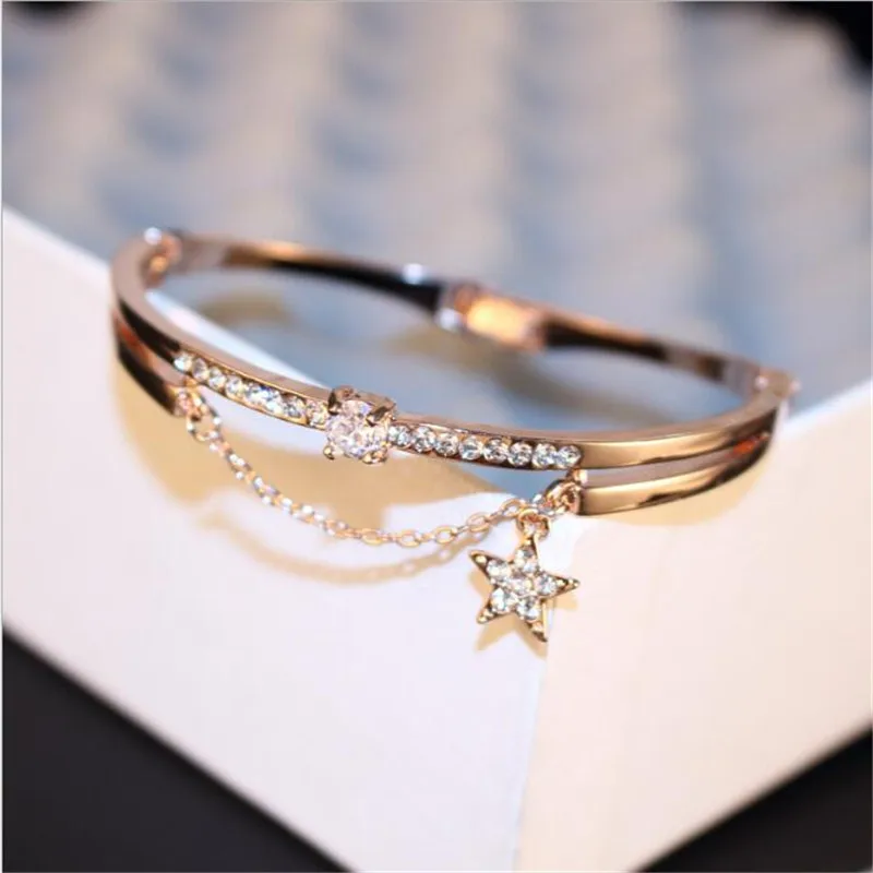 Кристалл Запонки со звездой браслет для женщин сладкие ювелирные изделия роскошный бренд розовое золото цвет стразы браслеты - Окраска металла: star