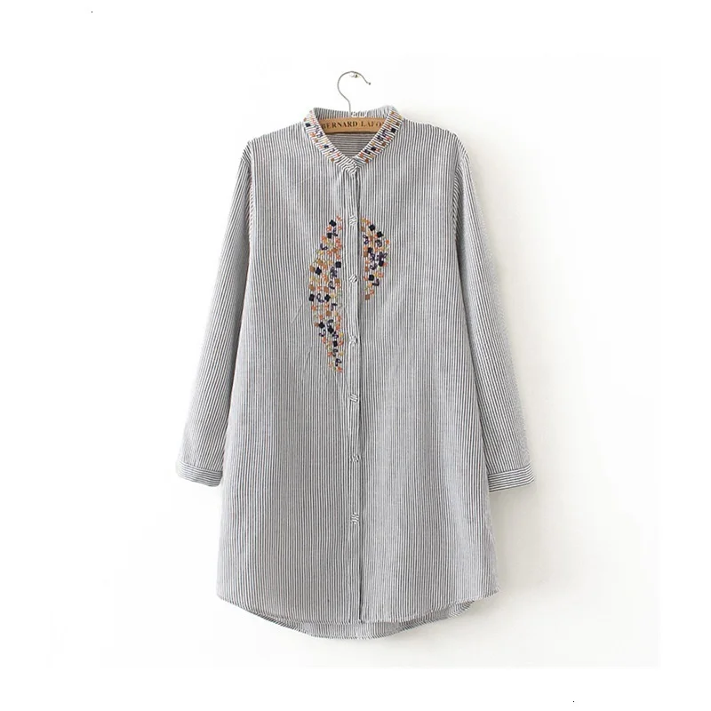 

Borduurwerk vrouwelijke blouse shirt Casual grijs gestreepte shirt herfst winter cool lange mouw blouse vrouwen tops blusas