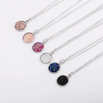

12mm Druzy Drusy pendant Necklaces Jewelry Resin Cabochon Stainless steel Pendant Chain for Women Girl Jewelry Gift