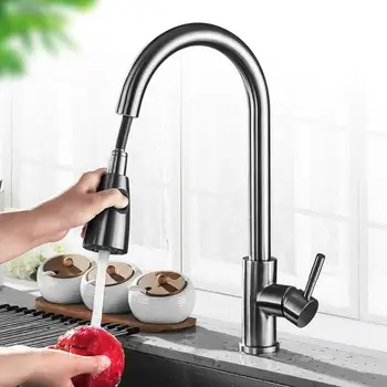 

Kitchen Faucet Brushed 304 Stainless Steel Single Hole Pull Out Spout Sink Mixer Tap 360 Degree Rotatable Faucet Hot Cold Water
