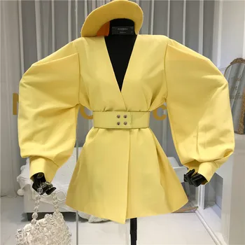 

2020 Spring Autumn New Solid V-neck Sashes Casual Blazer Women for Loose Bubble sleeve Suit coat Elegant Office Female outerwear
