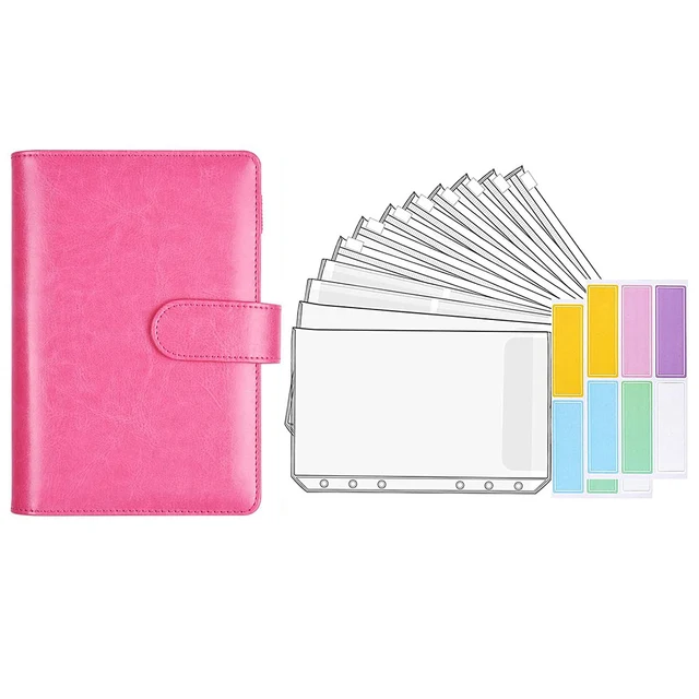 15 Pieces Binder Budget Planner Cash Envelope Binder with Budget Envelopes A6 Binder Pockets Cash Envelope Wallet for Budgeting Rose-14pcs