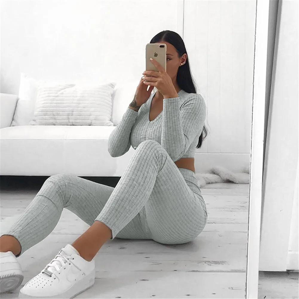 Fashion Brand New Autumn Women Knit Crop Top Lounge Wear Suit Ladies 2pcs Tracksuit Set Casual Long Pants